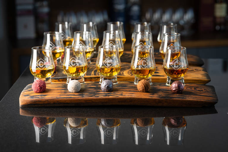 Three boards of The Clydeside Distillery's chocolate and whisky pairings