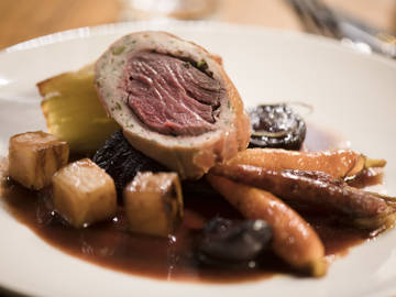 Main course of Scottish Beef Wellington with Seasonal Veg at The Clydeside Distillery
