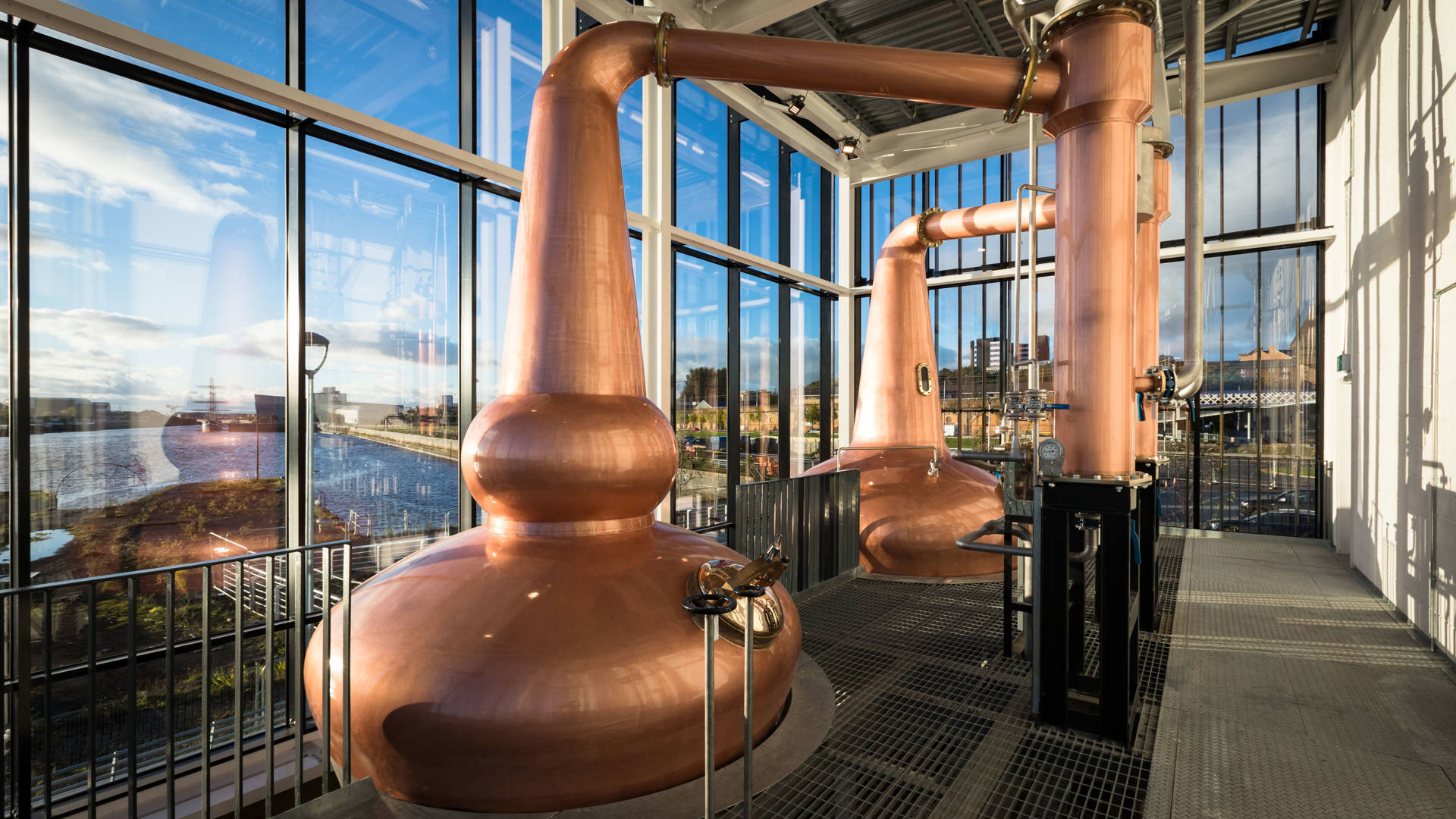 The Clydeside Distillery’s glass encased Still House with two copper stills