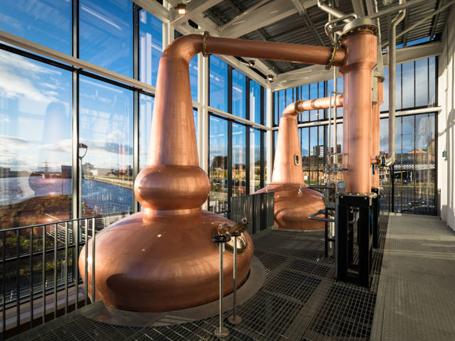 The Clydeside Distillery’s glass encased Still House with two copper stills